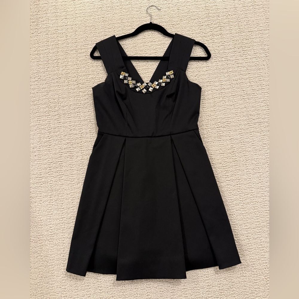 BCBGENERATION Black Heavy Pleated Gold Silver Metal Studded Cocktail Dress